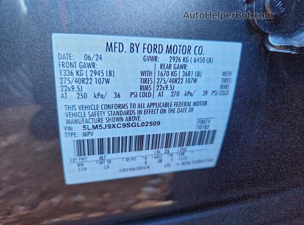 5LM5J9XC9SGL02509 2025 LINCOLN AVIATOR Gray VIN კოდის სტიკერის ხედი