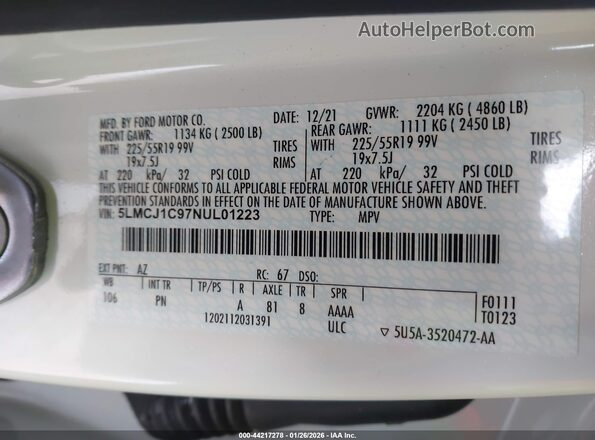 5LMCJ1C97NUL01223 2022 LINCOLN CORSAIR White Vista del compartimento del motor