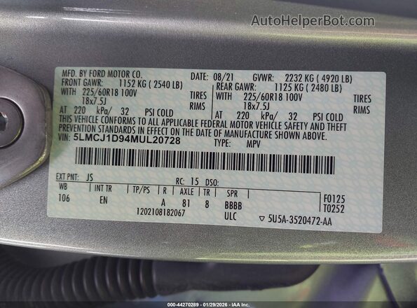 5LMCJ1D94MUL20728 2021 LINCOLN CORSAIR Silver Вид підкапотного простору