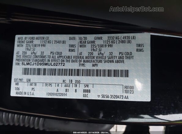 5LMCJ1D95MUL02772 2021 LINCOLN CORSAIR Black Widok komory silnika