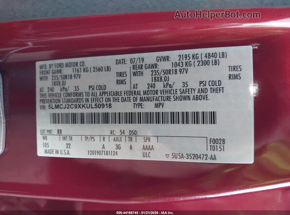 5LMCJ2C9XKUL50918 2019 LINCOLN MKC Red Вид підкапотного простору