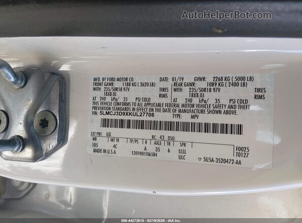 5LMCJ3D9XKUL27708 2019 LINCOLN MKC White 