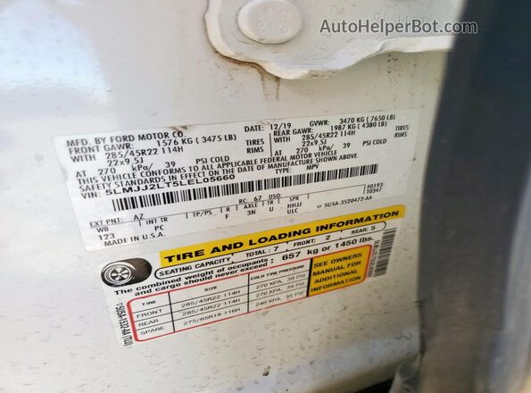 5LMJJ2LT5LEL05660 2020 LINCOLN NAVIGATOR White Widok naklejki z numerem VIN