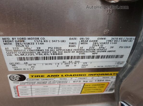 5LMJJ2LT5LEL18960 2020 LINCOLN NAVIGATOR Silver Панорамний вид салону 360°