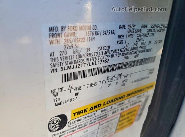 5LMJJ2TT7LEL17552 2020 LINCOLN NAVIGATOR White VIN sticker view
