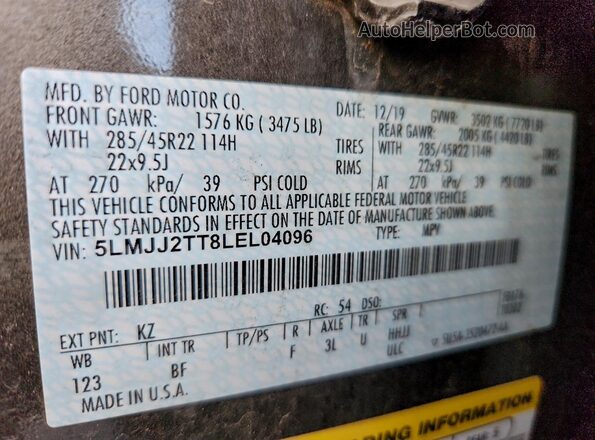 5LMJJ2TT8LEL04096 2020 LINCOLN NAVIGATOR Brown Вид наклейки з VIN-кодом