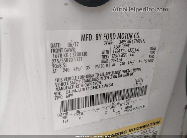 5LMJJ3HT5HEL12954 2017 LINCOLN NAVIGATOR L White Вид підкапотного простору