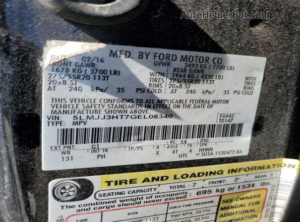 5LMJJ3HT7GEL08340 2016 LINCOLN NAVIGATOR Black VIN կոդի պիտակի տեսք