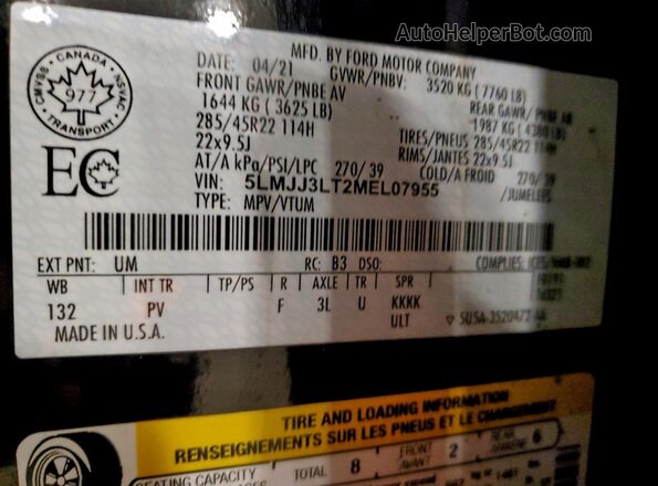 5LMJJ3LT2MEL07955 2021 LINCOLN NAVIGATOR Black VIN კოდის სტიკერის ხედი
