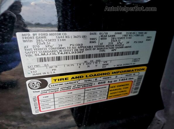 5LMJJ3LT4JEL03367 2018 LINCOLN NAVIGATOR Черный Вид наклейки с VIN-кодом
