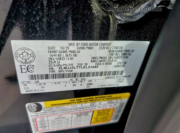 5LMJJ3LT7LEL21445 2020 LINCOLN NAVIGATOR Black Вид наклейки з VIN-кодом
