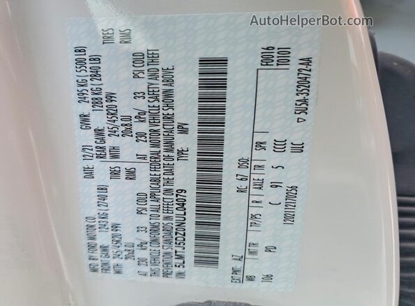 5LMTJ5DZ0NUL04079 2022 LINCOLN CORSAIR White Widok komory silnika