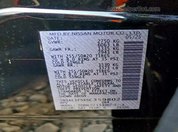5N1AL1FSXSC359802 2025 INFINITI QX60 Black Vista de la etiqueta del VIN
