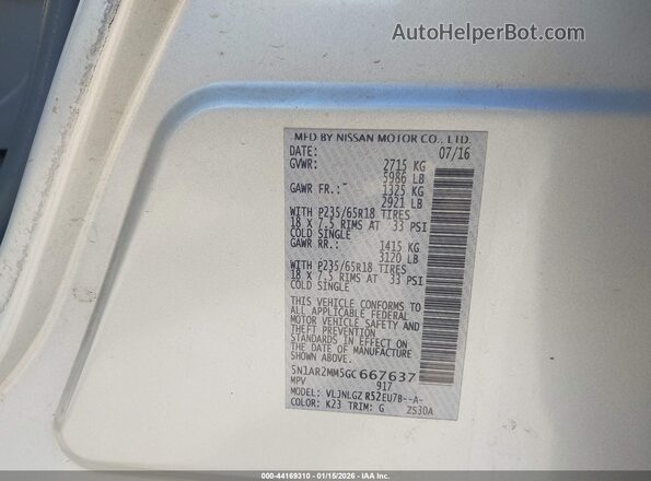 5N1AR2MM5GC667637 2016 NISSAN PATHFINDER Silver ძრავის განყოფილების ხედი