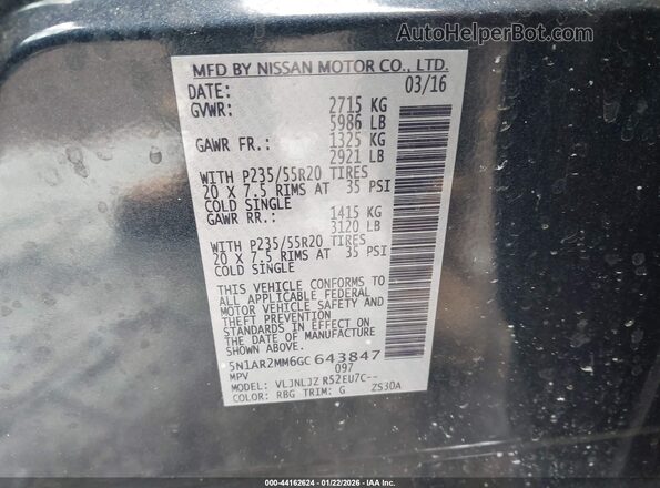 5N1AR2MM6GC643847 2016 NISSAN PATHFINDER Blue Vista del compartimento del motor