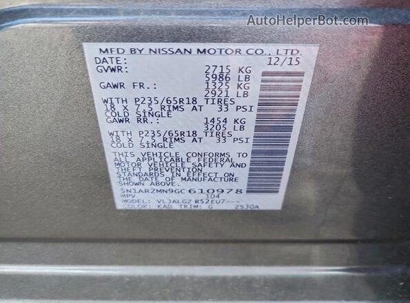 5N1AR2MN9GC610978 2016 NISSAN PATHFINDER Charcoal VIN sticker view
