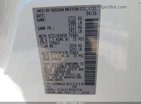 5N1AR2MNXGC652219 2016 NISSAN PATHFINDER White Widok komory silnika