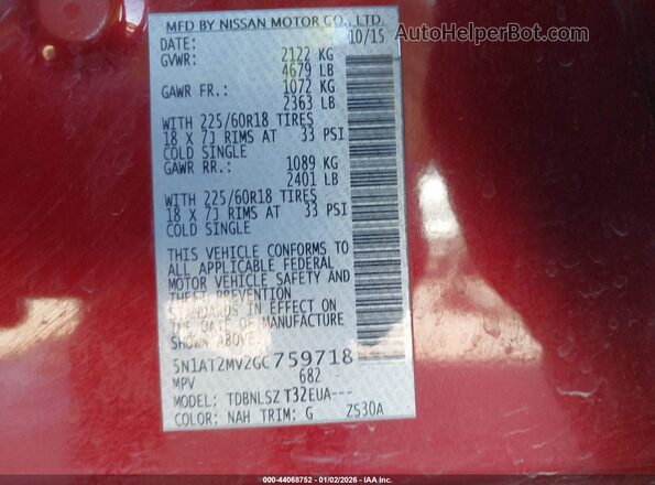 5N1AT2MV2GC759718 2016 NISSAN ROGUE Burgundy Widok komory silnika