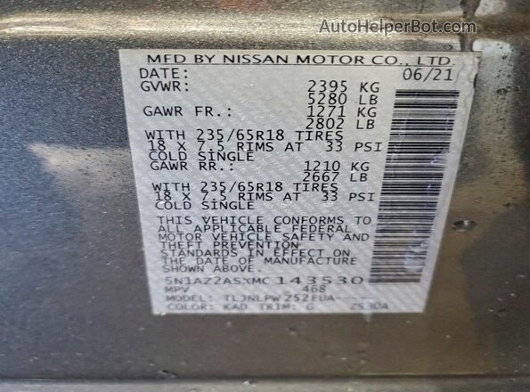 5N1AZ2ASXMC143530 2021 NISSAN MURANO Charcoal 