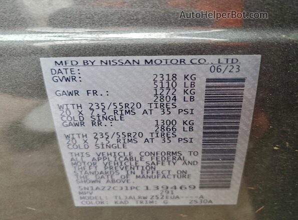 5N1AZ2CJ1PC139469 2023 NISSAN MURANO Gray Vista de la etiqueta del VIN