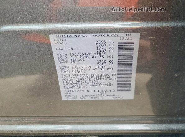 5N1AZ2CS5NC113642 2022 NISSAN MURANO Gray VIN sticker view