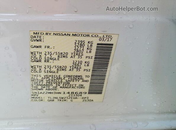 5N1AZ2MH3HN148689 2017 NISSAN MURANO White Widok naklejki z numerem VIN