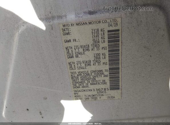 5N1AZ2MJ2KN136785 2019 NISSAN MURANO White Widok komory silnika