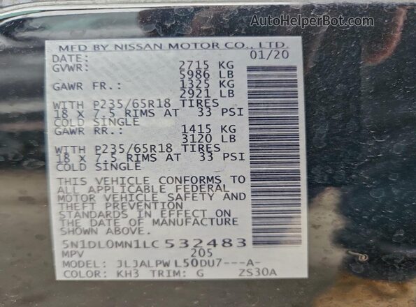 5N1DL0MN1LC532483 2020 INFINITI QX60 Black Սալոնի 360 աստիճան տեսք
