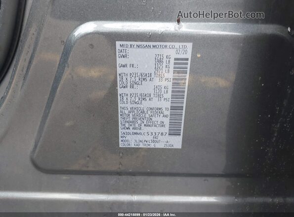 5N1DL0MN4LC533787 2020 INFINITI QX60 Серый Вид подкапотного пространства