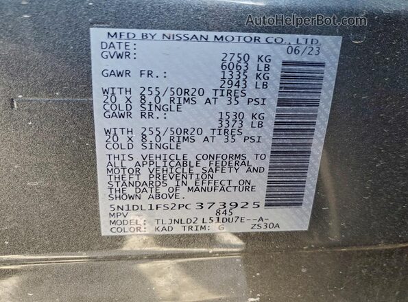 5N1DL1FS2PC373925 2023 INFINITI QX60 Gray VIN կոդի պիտակի տեսք