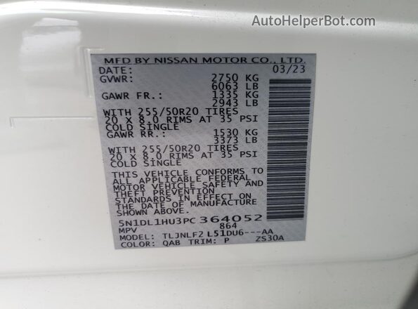 5N1DL1HU3PC364052 2023 INFINITI QX60 White Widok naklejki z numerem VIN