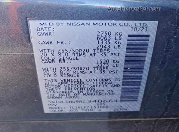 5N1DL1HU9RC340664 2024 INFINITI QX60 Gray VIN կոդի պիտակի տեսք