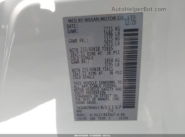 5N1DR2BN6LC651157 2020 NISSAN PATHFINDER White 