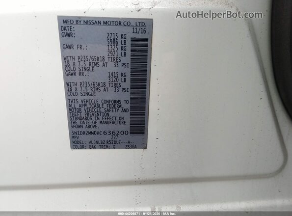 5N1DR2MM0HC636200 2017 NISSAN PATHFINDER White Vista del compartimento del motor