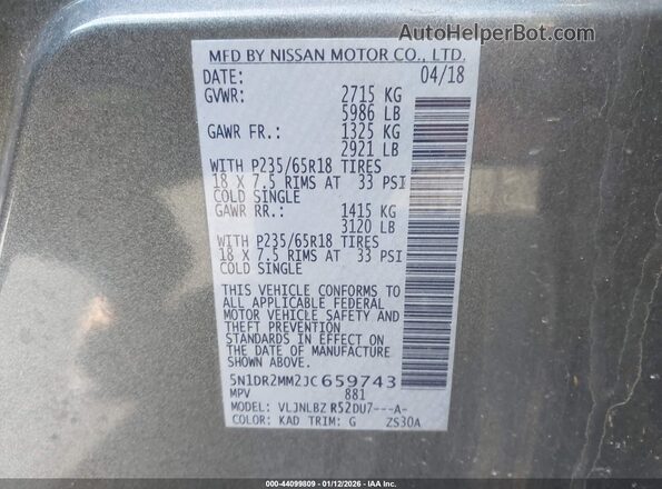 5N1DR2MM2JC659743 2018 NISSAN PATHFINDER Gray Շարժիչի բաժամունքի տեսք