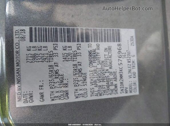 5N1DR2MM3KC576968 2019 NISSAN PATHFINDER Gray 
