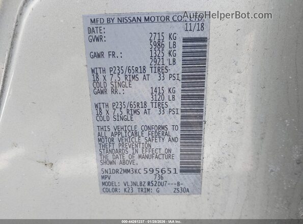 5N1DR2MM3KC595651 2019 NISSAN PATHFINDER Silver Vista del compartimento del motor