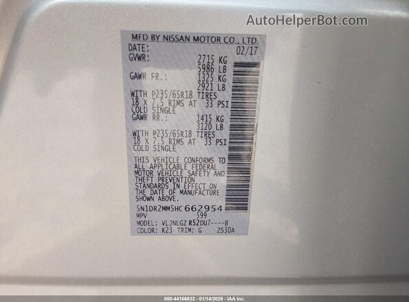 5N1DR2MM5HC662954 2017 NISSAN PATHFINDER Серебряный Вид подкапотного пространства