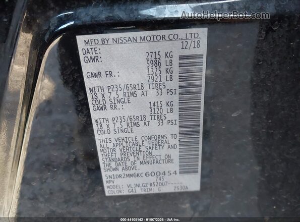 5N1DR2MM6KC600454 2019 NISSAN PATHFINDER Black Շարժիչի բաժամունքի տեսք