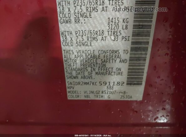 5N1DR2MM7KC591182 2019 NISSAN PATHFINDER Red ძრავის განყოფილების ხედი