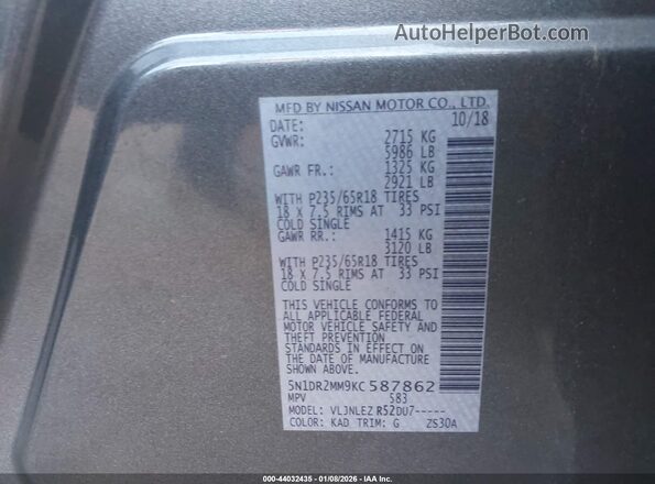 5N1DR2MM9KC587862 2019 NISSAN PATHFINDER Gray 
