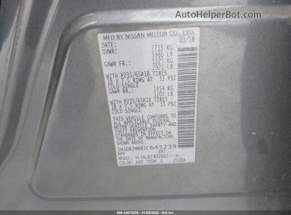 5N1DR2MN8JC645239 2018 NISSAN PATHFINDER Gray Շարժիչի բաժամունքի տեսք