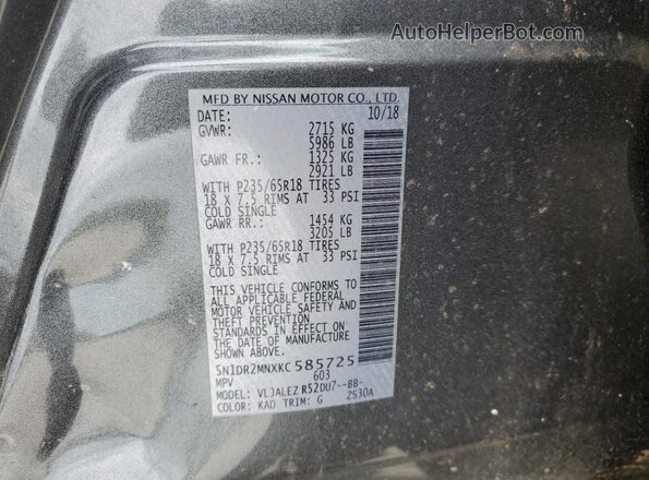 5N1DR2MNXKC585725 2019 NISSAN PATHFINDER Gray VIN კოდის სტიკერის ხედი