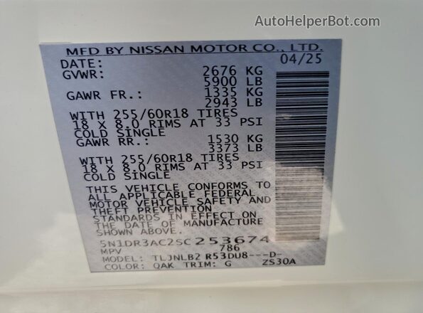 5N1DR3AC2SC253674 2025 NISSAN PATHFINDER White VIN sticker view