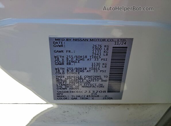 5N1DR3BC6SC213208 2025 NISSAN PATHFINDER White VIN կոդի պիտակի տեսք
