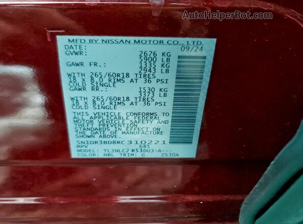 5N1DR3BD8RC310221 2024 NISSAN PATHFINDER Красный Панорамный вид салона 360°