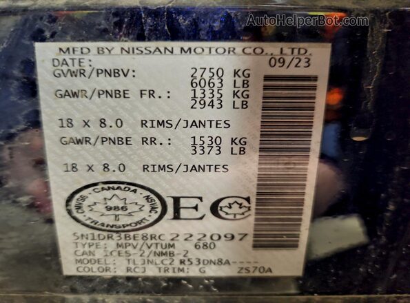 5N1DR3BE8RC222097 2024 NISSAN PATHFINDER Blue VIN կոդի պիտակի տեսք