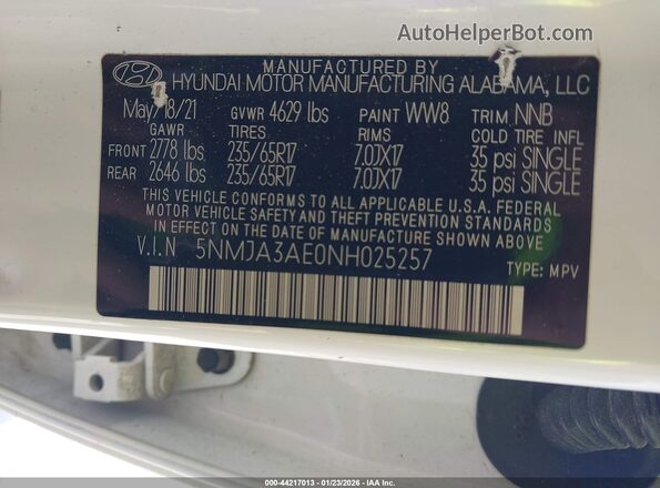 5NMJA3AE0NH025257 2022 HYUNDAI TUCSON White Engine compartment view