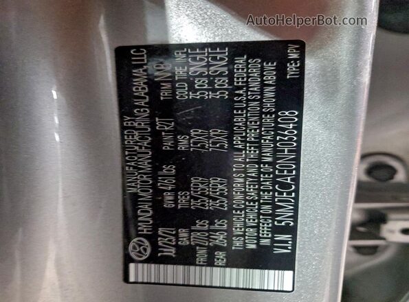 5NMJECAE0NH036408 2022 HYUNDAI TUCSON Silver Панорамний вид салону 360°