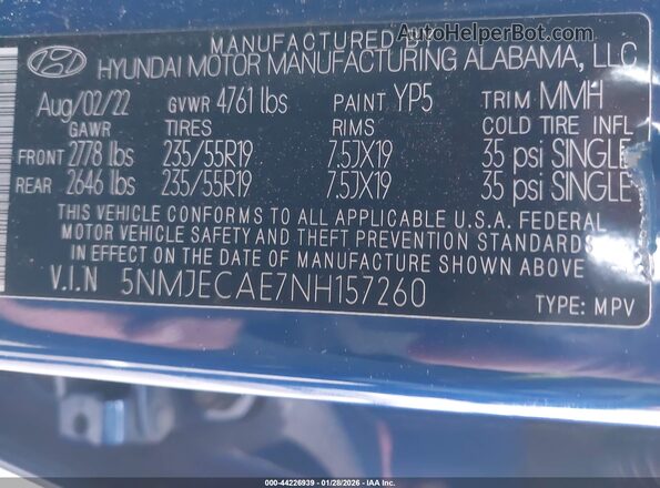 5NMJECAE7NH157260 2022 HYUNDAI TUCSON LIMITED AWD Blue Widok komory silnika
